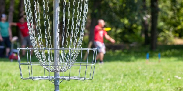 A disc golf basket stands prominent in the foreground with people enjoying a game in the grassy park nearby, just beyond Elm Hollow Apartments.