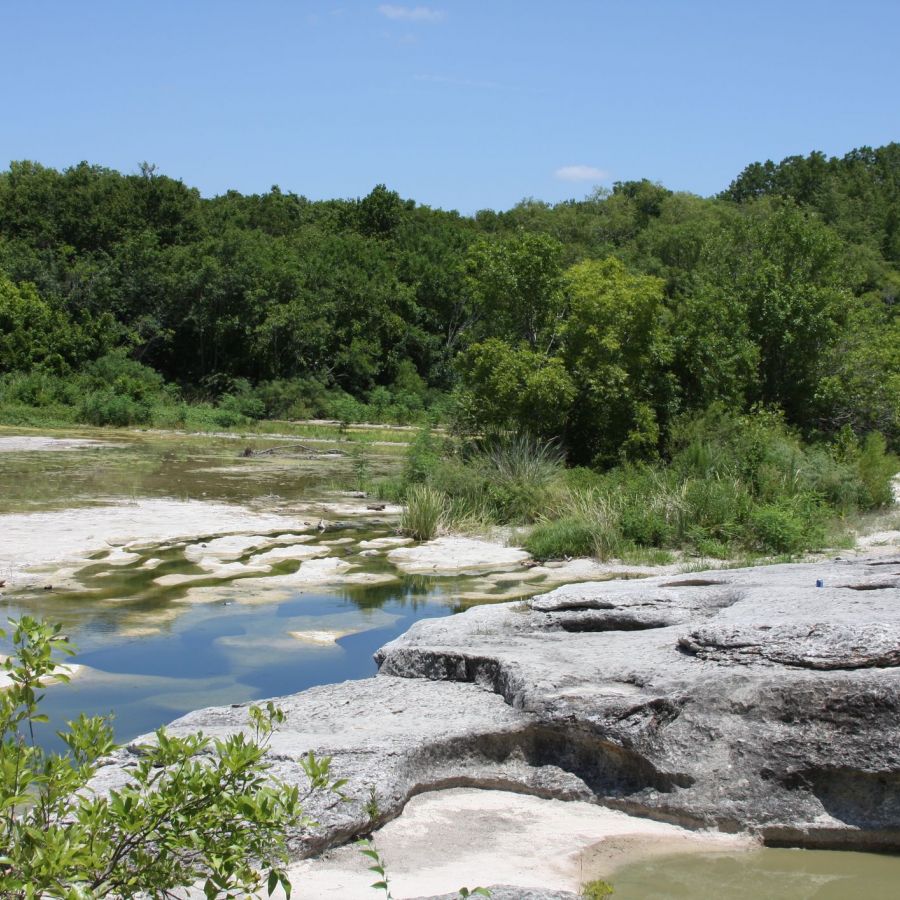 Nestled around a rocky landscape, Elm Hollow Apartments boast lush green trees and plants, with serene water pools glistening under a clear blue sky.